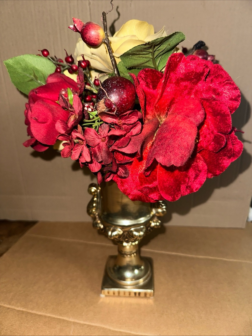 Bombay Red and Yellow Faux Floral Arrangement in Gold ceramic Urn 12”